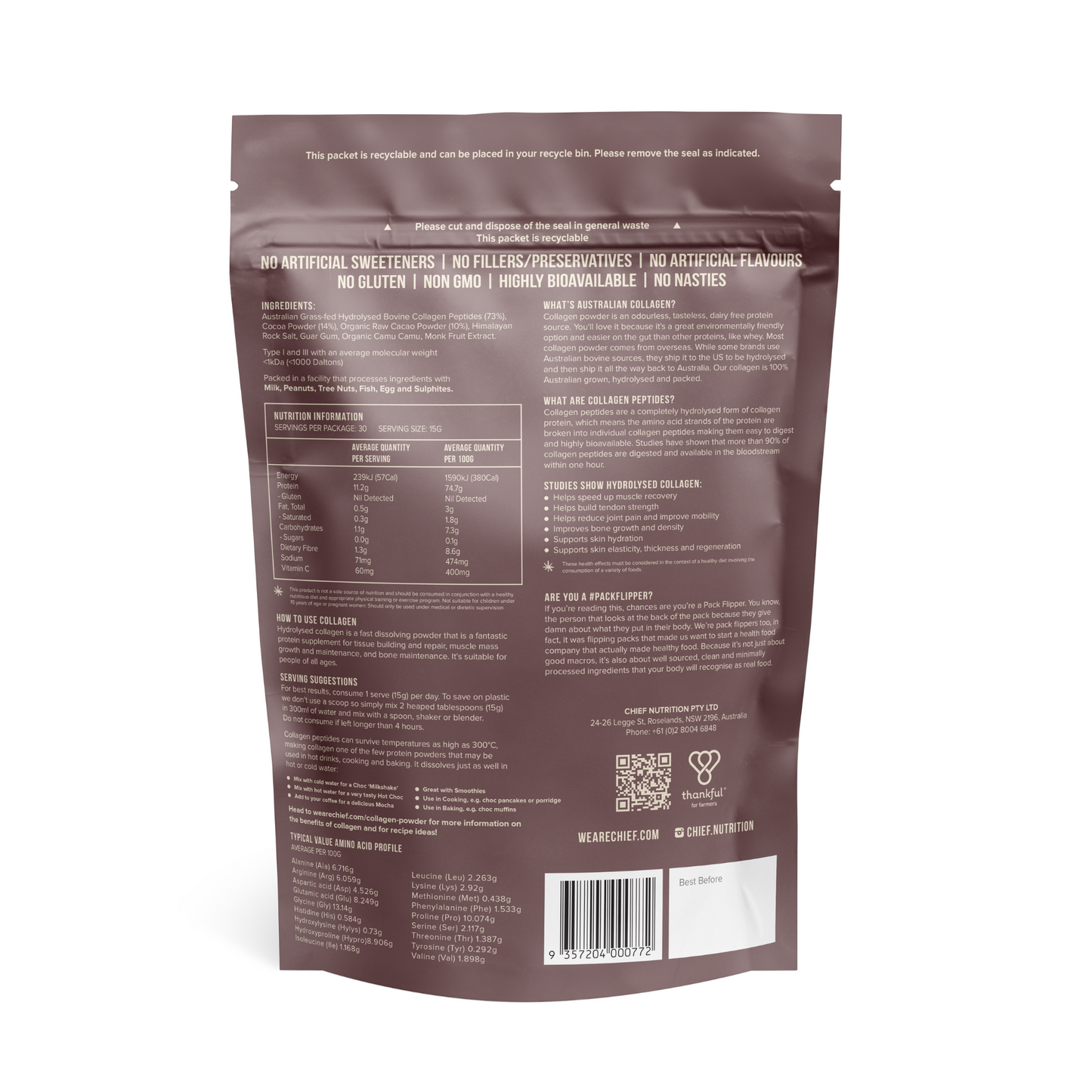 Chief Grass-fed Collagen Protein Powder - Dark Chocolate (30 serves)